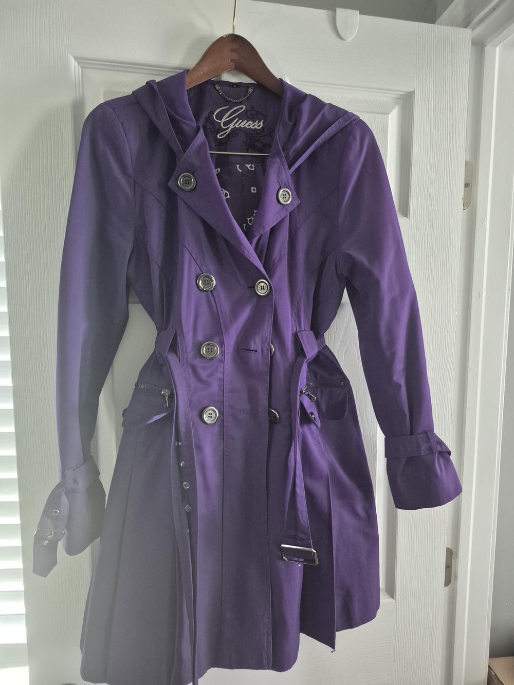 Guess Purple Double-Breasted Hooded Trench Coat